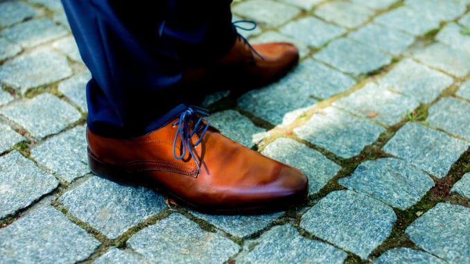 black suit brown shoes