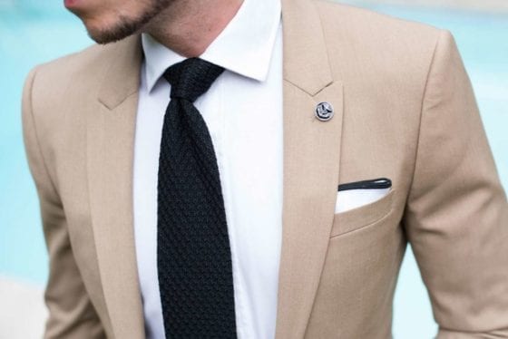 khaki suit white shirt